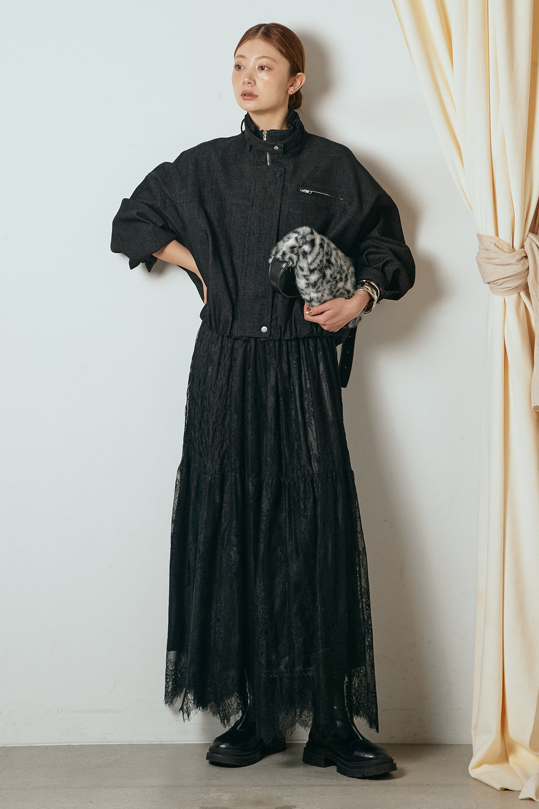 [SET]デニム調ハイネックブルゾン+ひげレース切替ロング丈スカート(2set)