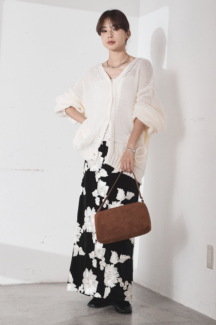 [SET]コード刺繍リラックスニットカーディガン+フラワー刺繍ワイドスカート(2set)