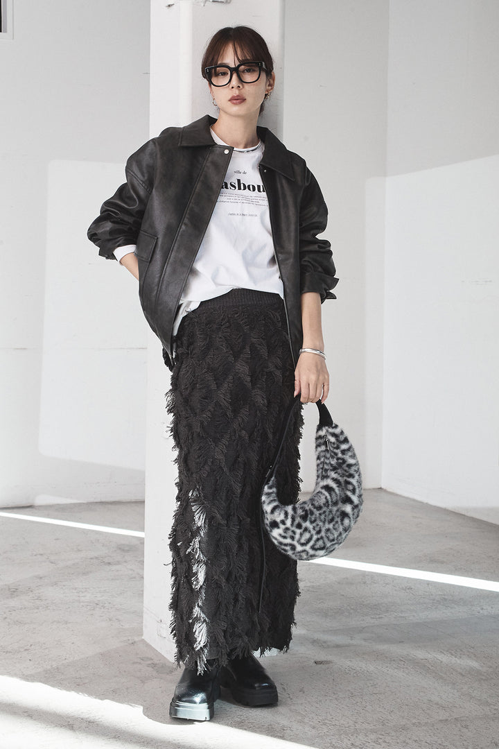 [SET]レザーライクオーバーサイズブルゾン+カットフリンジニットタイトスカート(2set)