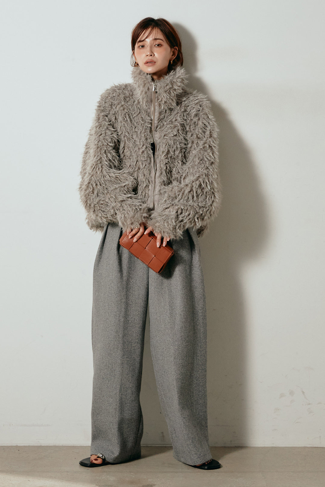 [SET]ミックスシープファースタンドブルゾン+フェイクウールタックトラウザーズパンツ(2set)