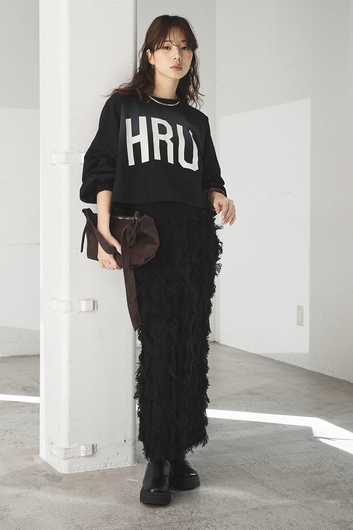 [SET]ビッグロゴHRU袖ボリュームトップス+カットフリンジニットタイトスカート(2set)