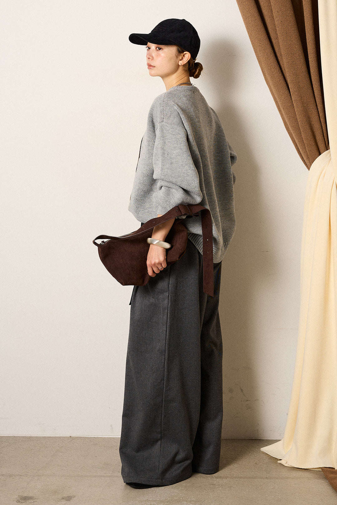 [SET]アニマルジャガード柄ニットトップス+巻ベルトウエストレザーライクワイドパンツ(2set)