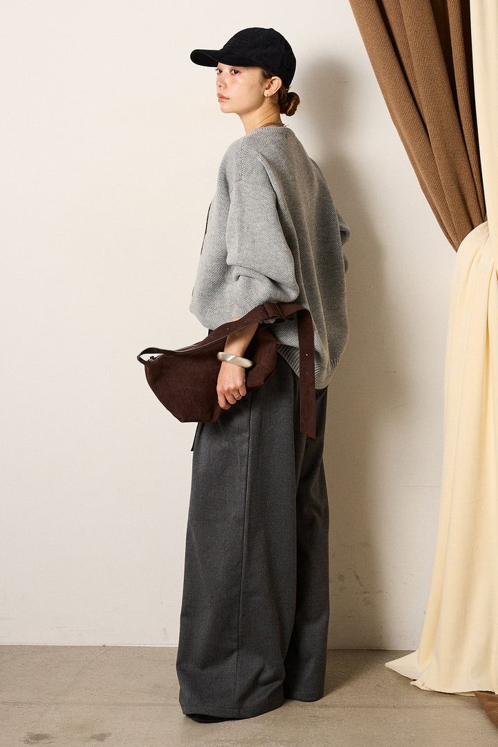 [SET]アニマルジャガード柄ニットトップス+巻ベルトウエストレザーライクワイドパンツ(2set)