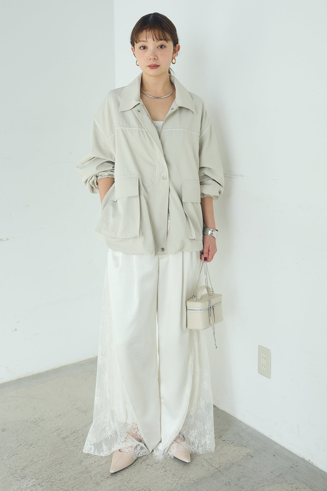 [SET]合繊ツイルバルーンジャケット+サテンレース切り替えタックパンツ(2set)
