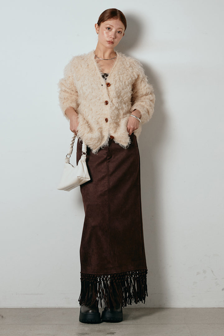 [SET]ルーズシャギーニットカーディガン+スウェードライク裾フリンジスカート(2set)