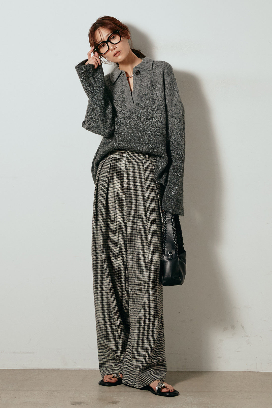 [SET]グラデーションラメニットキーネックプルオーバー+ガンクラブチェックタックパンツ(2set)