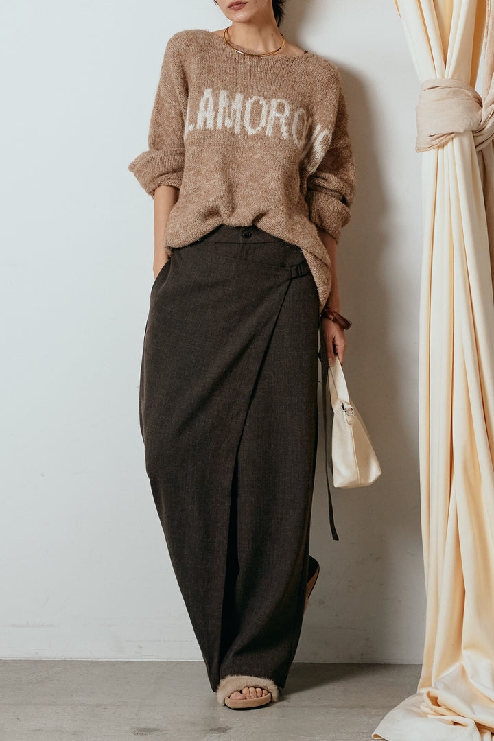 [SET]フロントロゴデザインニットトップス+ラップ巻きワイドスラックス(2set)