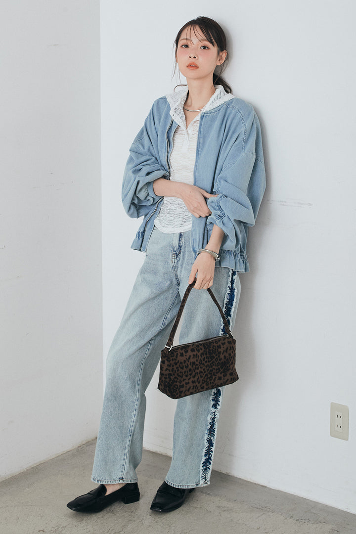 [SET]袖シャーリング裾フリルデニムブルゾン+デニムサイドフリルパンツ(2set)