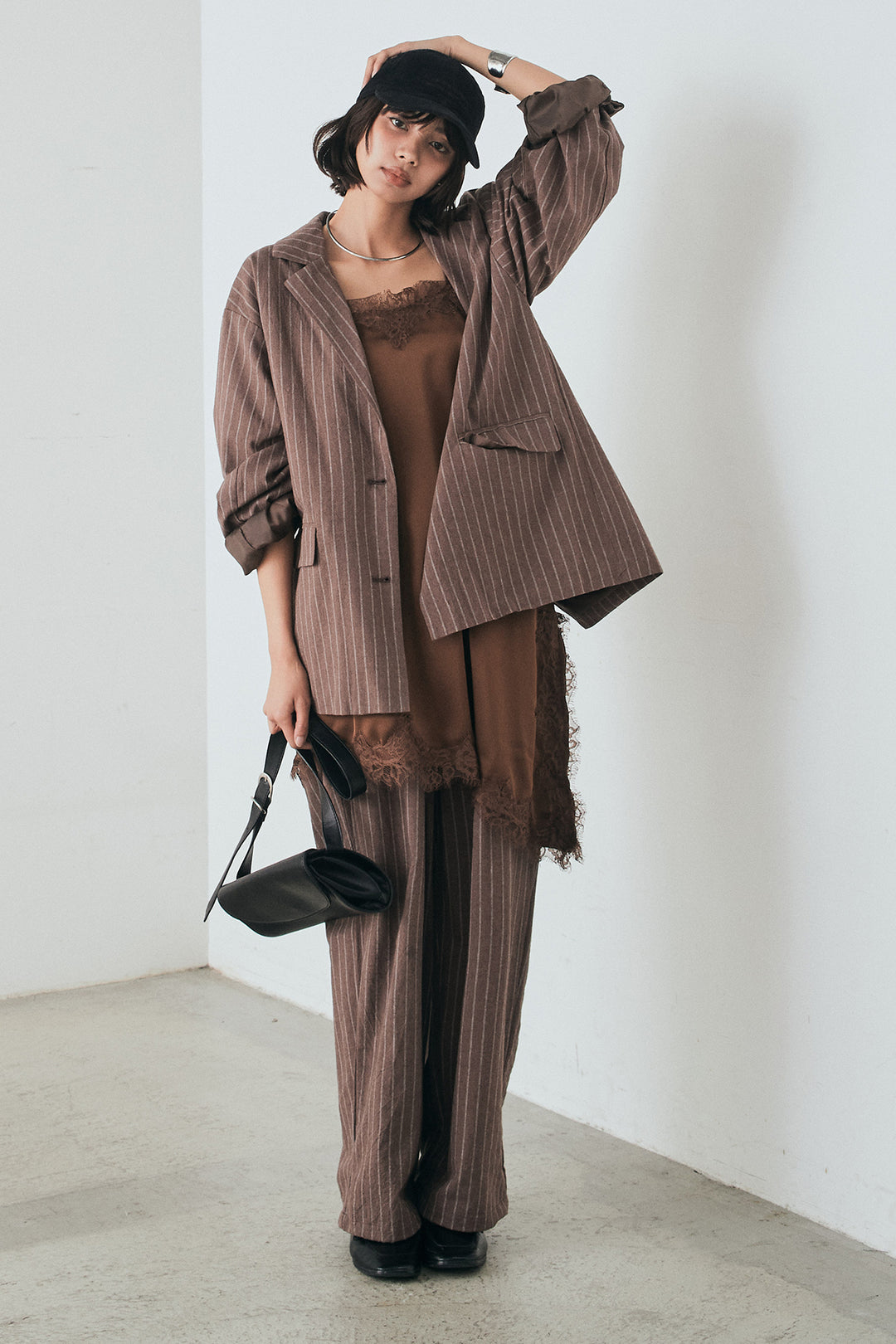 [SET]リネンライクストライプテーラードジャケット+リネンライクストライプタックイージーパンツ(2set)