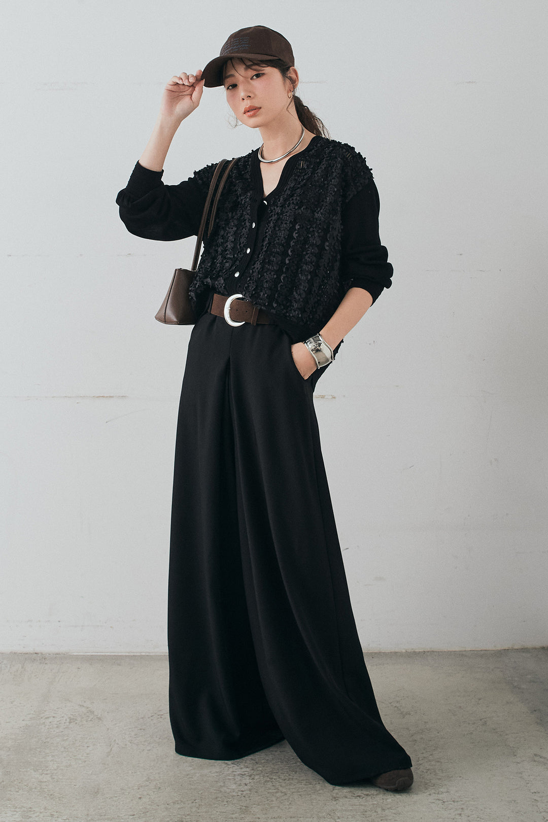 [SET]モコレースVネックカーディガン+太ベルト付きフロントタックパンツ(2set)