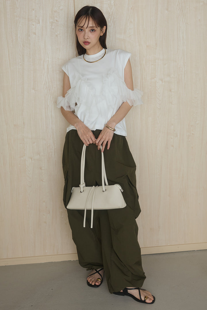 [SET]チュールフリルフレンチTシャツ+ルーズカーゴワイドパンツ(2set)