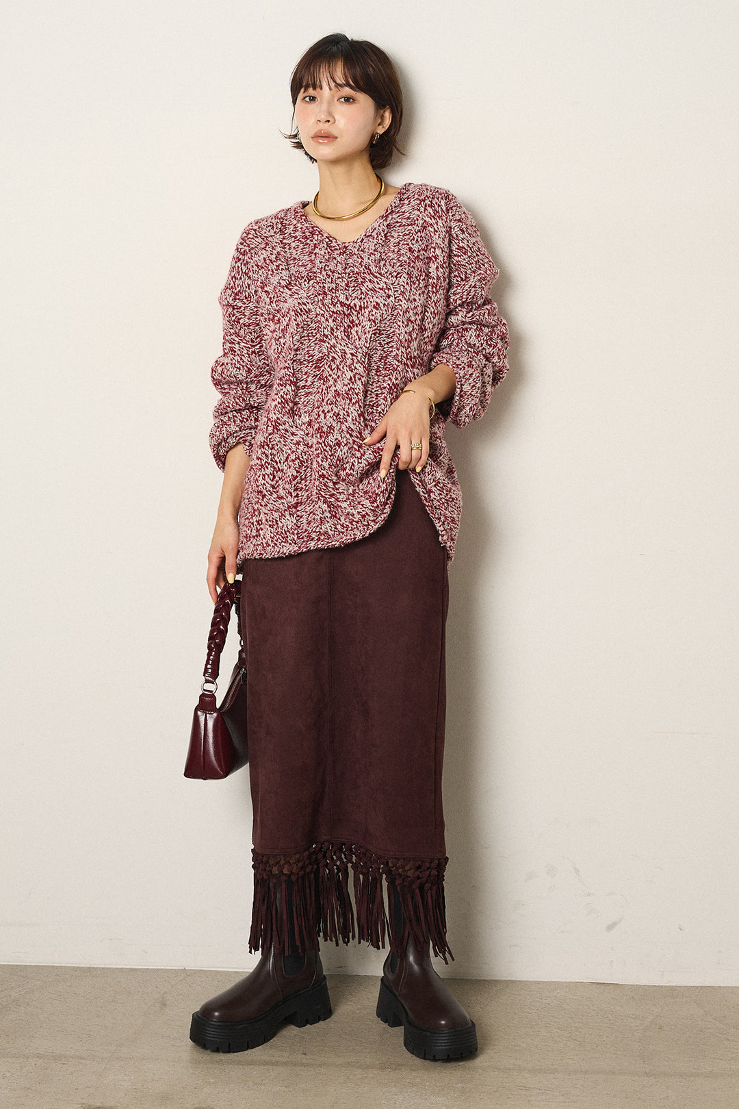 [SET]Vネックミックス編みニットトップス+スウェードライク裾フリンジスカート(2set)