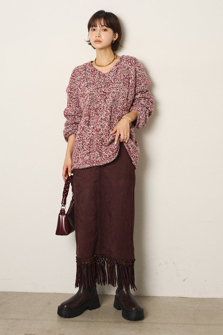 [SET]Vネックミックス編みニットトップス+スウェードライク裾フリンジスカート(2set)