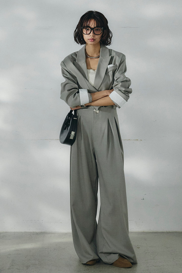 [SET]メタルプレートショート丈ジャケット+メタルプレートタックワイドパンツ(2set)