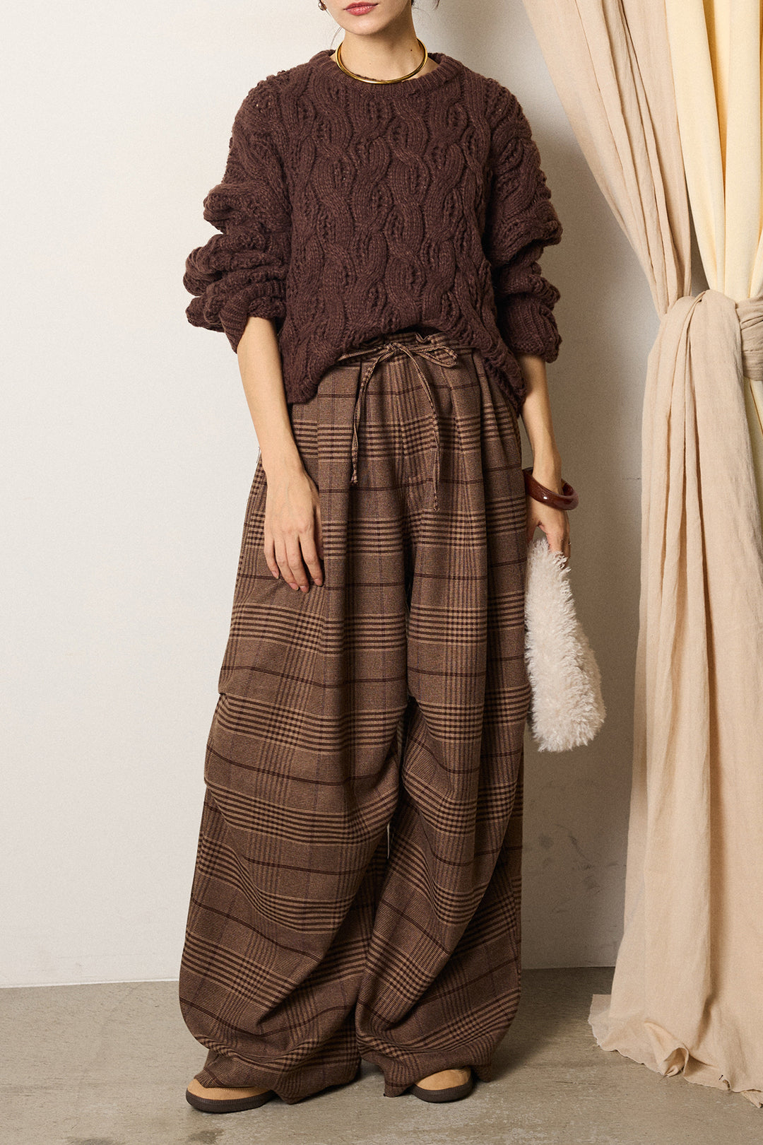[SET]ケーブルリラックスショートニット+グレンチェックルーズタックパンツ(2set)