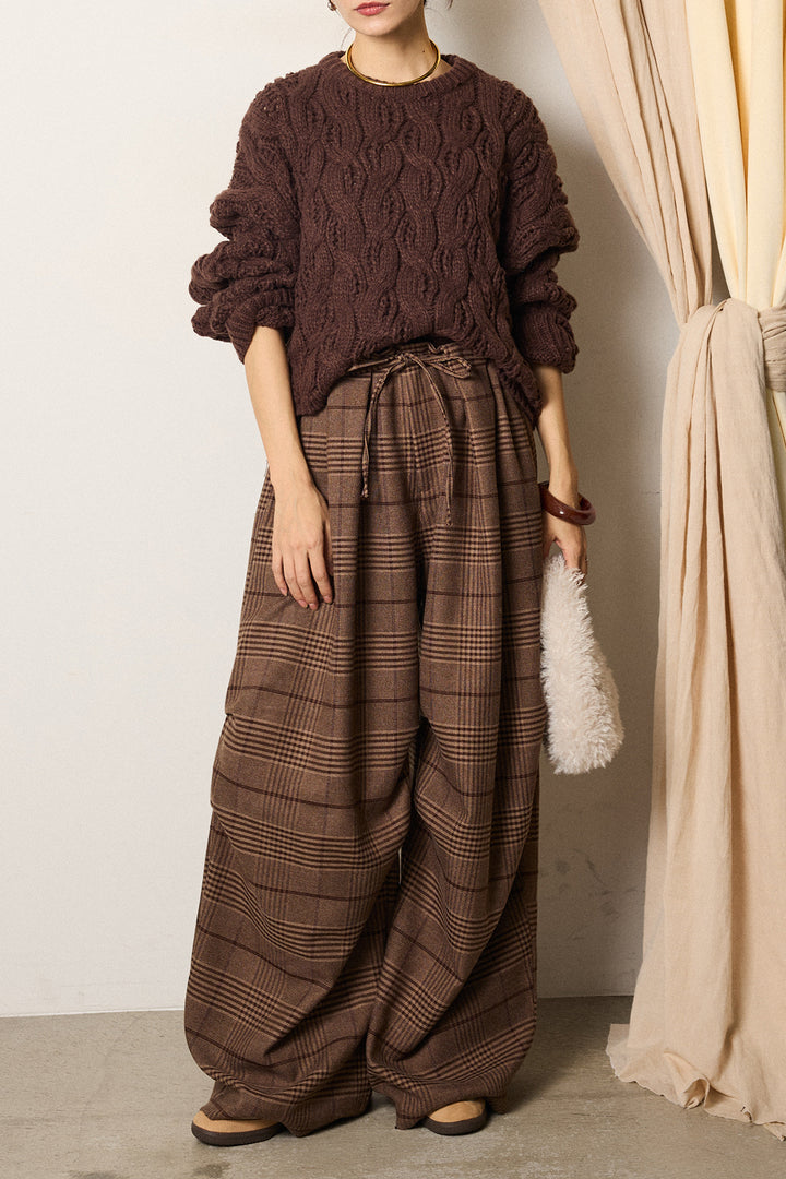 [SET]ケーブルリラックスショートニット+グレンチェックルーズタックパンツ(2set)