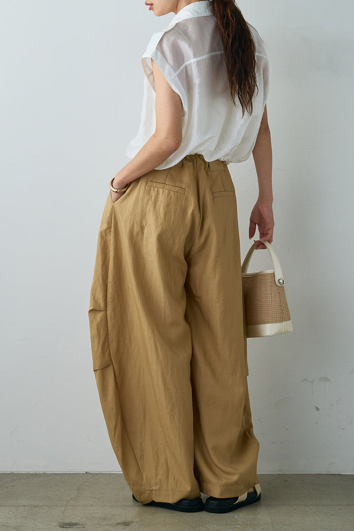 [SET]襟付きウエスト絞りシアーシャツ+デザインタックワイドパンツ(2set)
