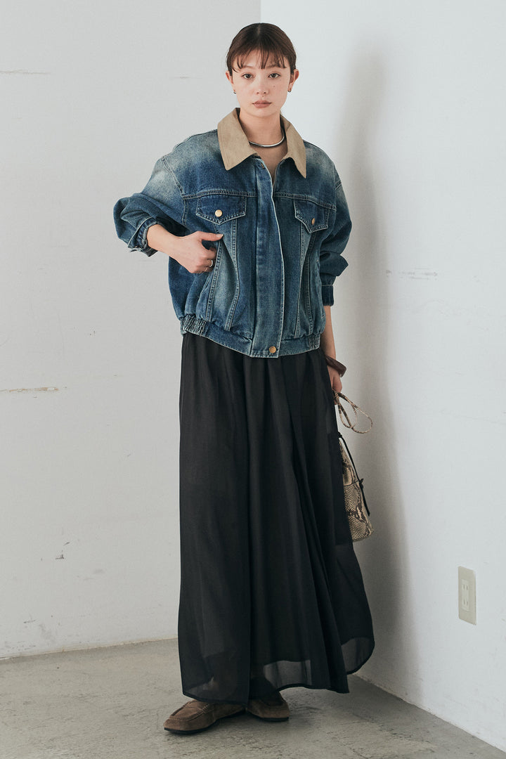 [SET]襟切り替えジップデニムジャケット+リラックスシアーフレアスカート(2set)