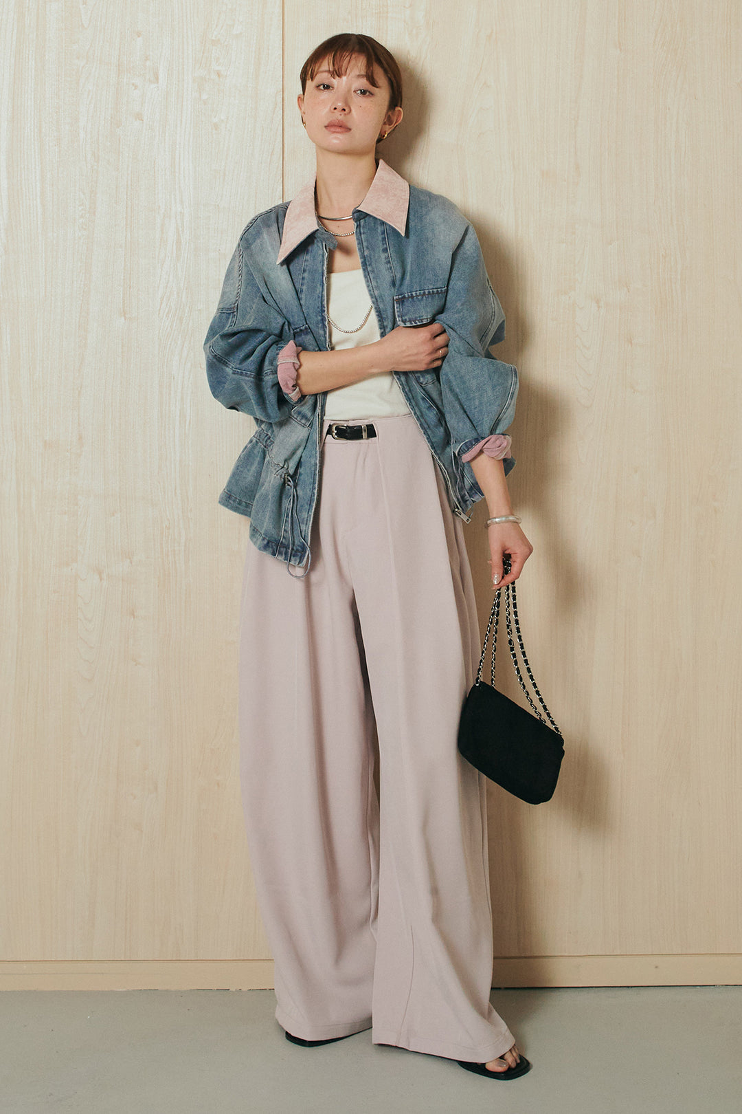 [SET]襟付き配色デニムブルゾン+ビックベルトループタックベルト付きワイドパンツ(2set)