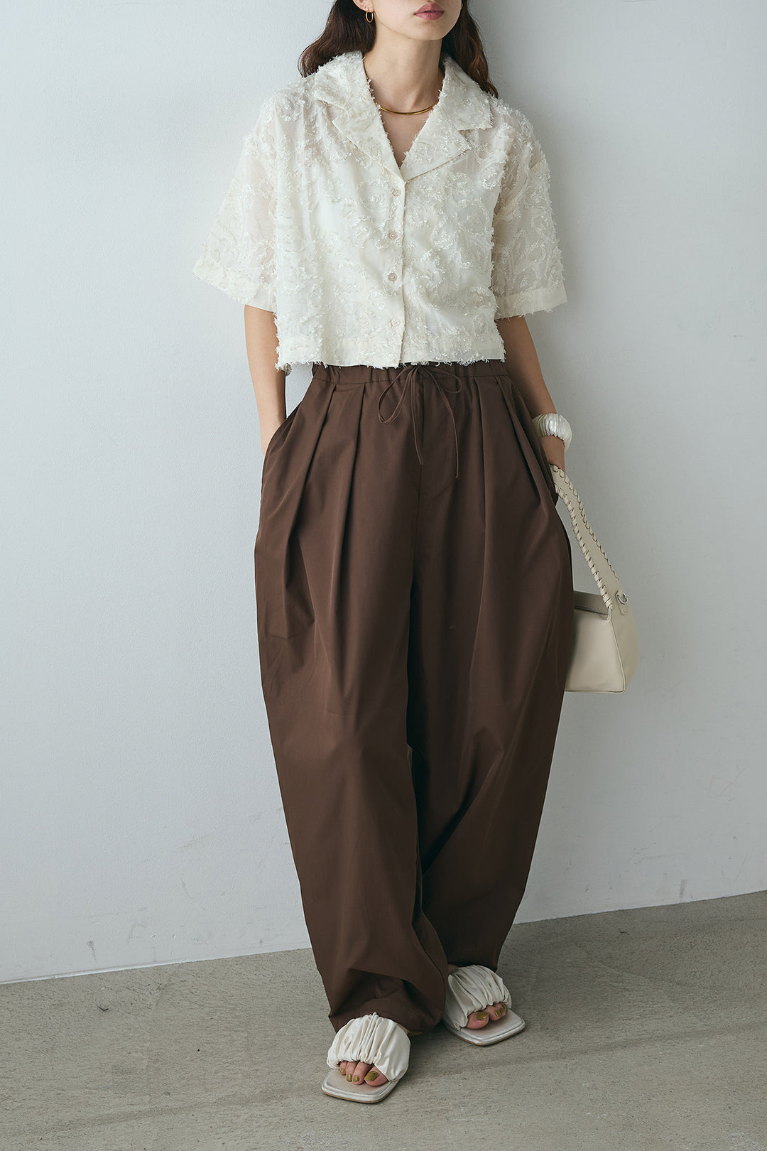 [SET]半袖オープンカラージャガード柄シャツ+タックワイドリラックスパンツ(2set)