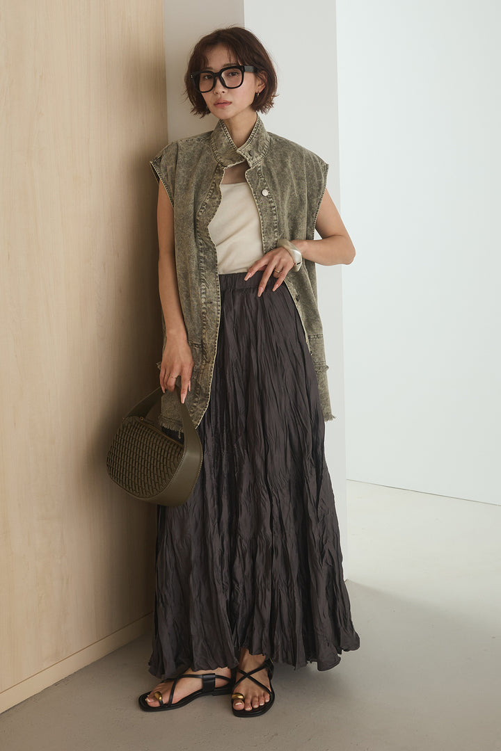 [SET]ケミカルデニムヘムカットオフジレ+イレギュラープリーツイージースカート(2set)