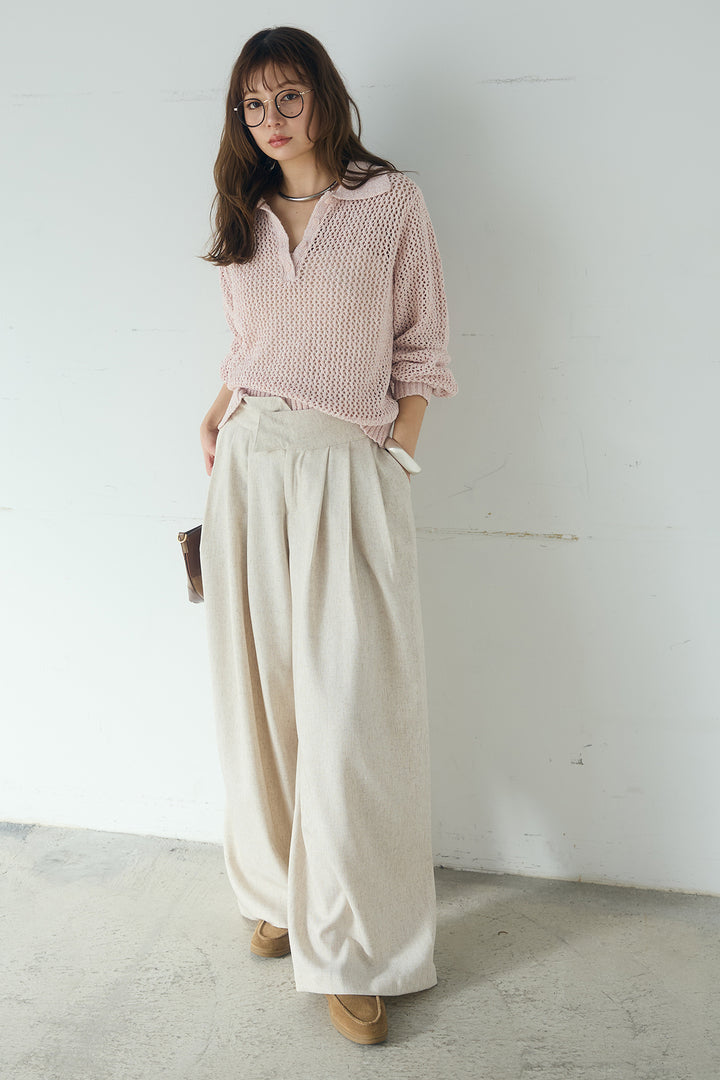 [SET]ミックスメッシュポロニット+麻混タックワイドパンツ(2set)