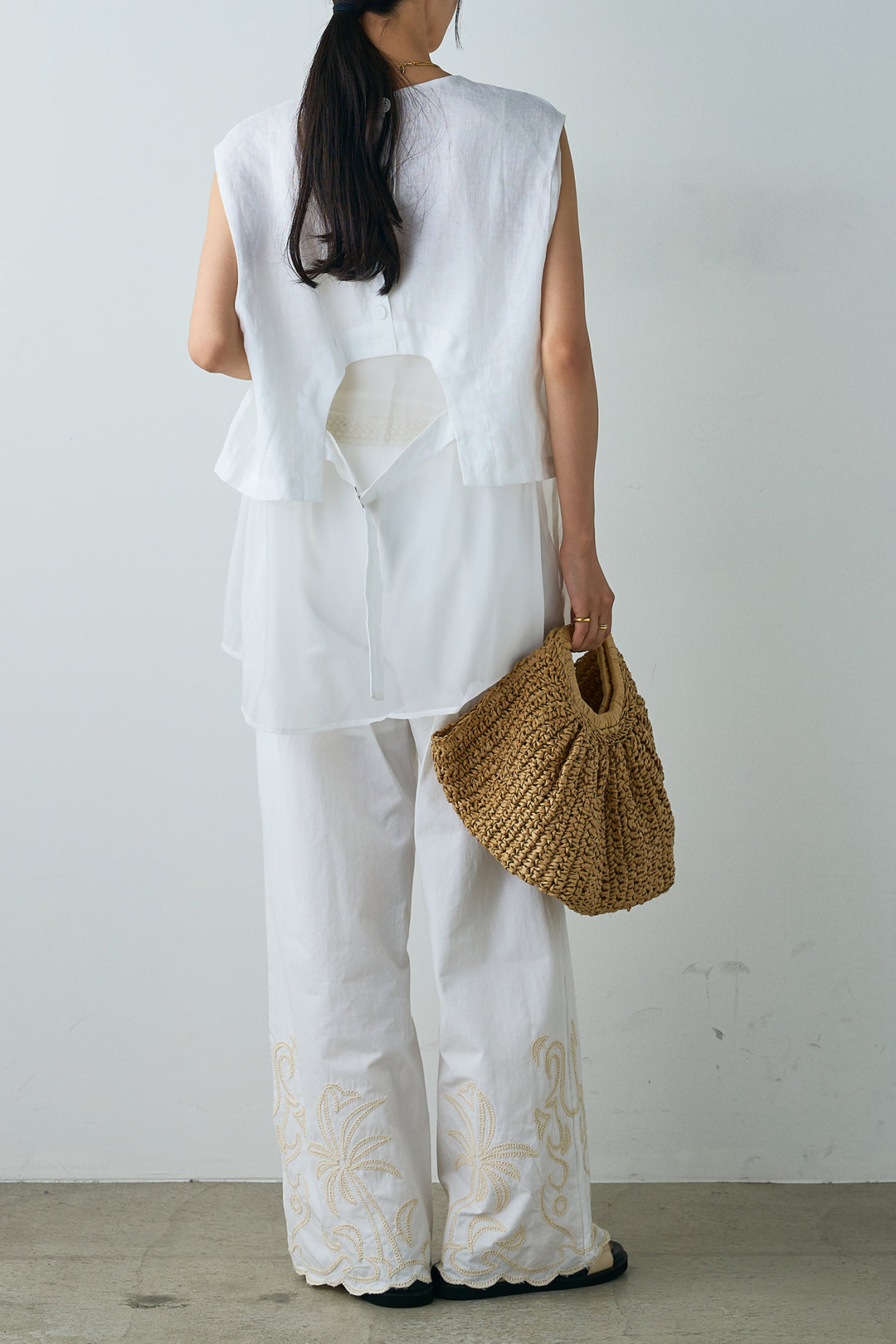 [SET]シアードッキングバックボタンジレ+裾テープ刺繍ワイドパンツ(2set)
