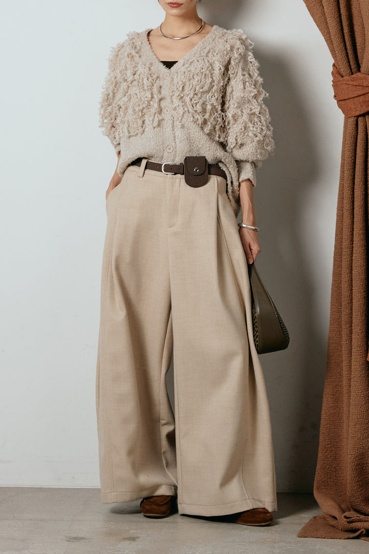 [SET]ループ編みVネックニットカーディガン+ポーチベルト付きカーブパンツ(2set)