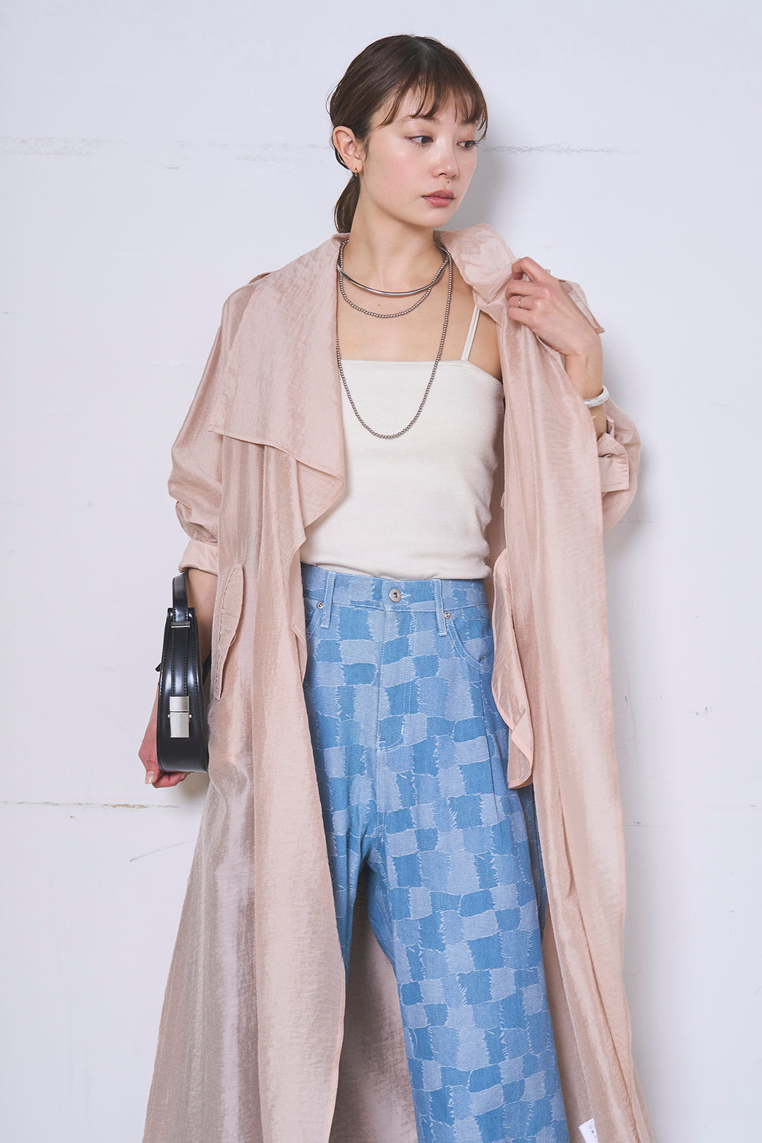 [SET]ロングシアーアウター+パッチワーク風デニムワイドパンツ(2set)