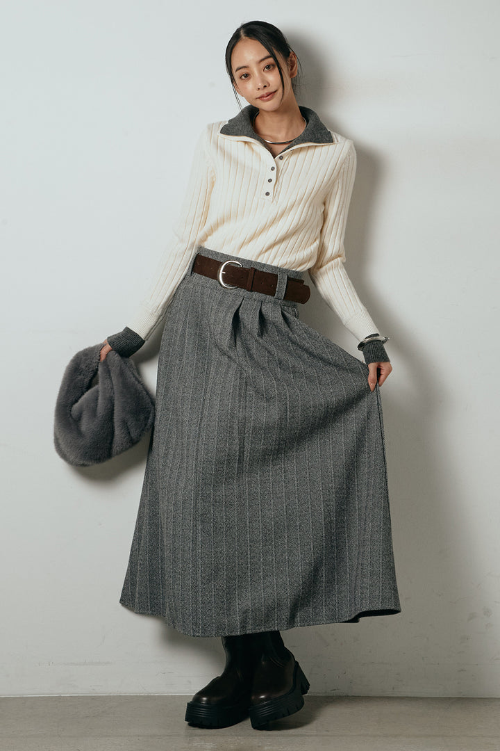 [SET]レイヤード風リブニットトップス+太ベルト付きヘリンボーンプリーツスカート(2set)