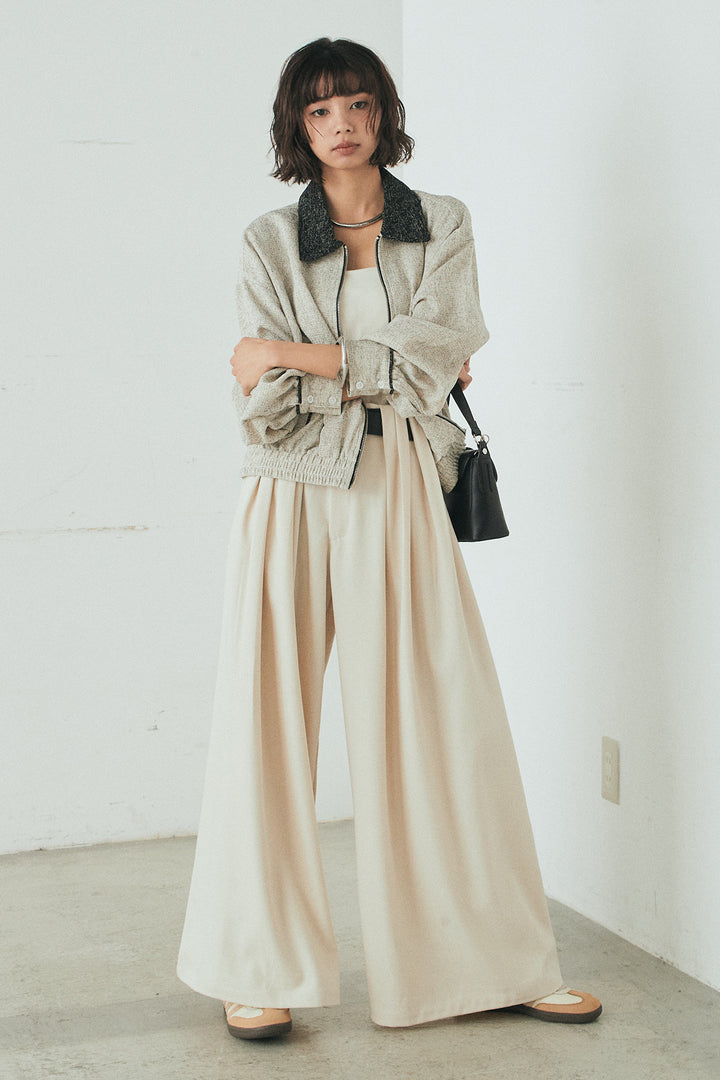 [SET]ツイード配色パイピングブルゾン+ベルト付きタックデザインハイウエストロングパンツ(2set)