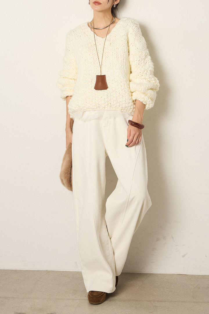 [SET]Vネックハンド編みニットトップス+ベルト付きカジュアルカーブワイドパンツ+レース切り替えキャミソール(3set)