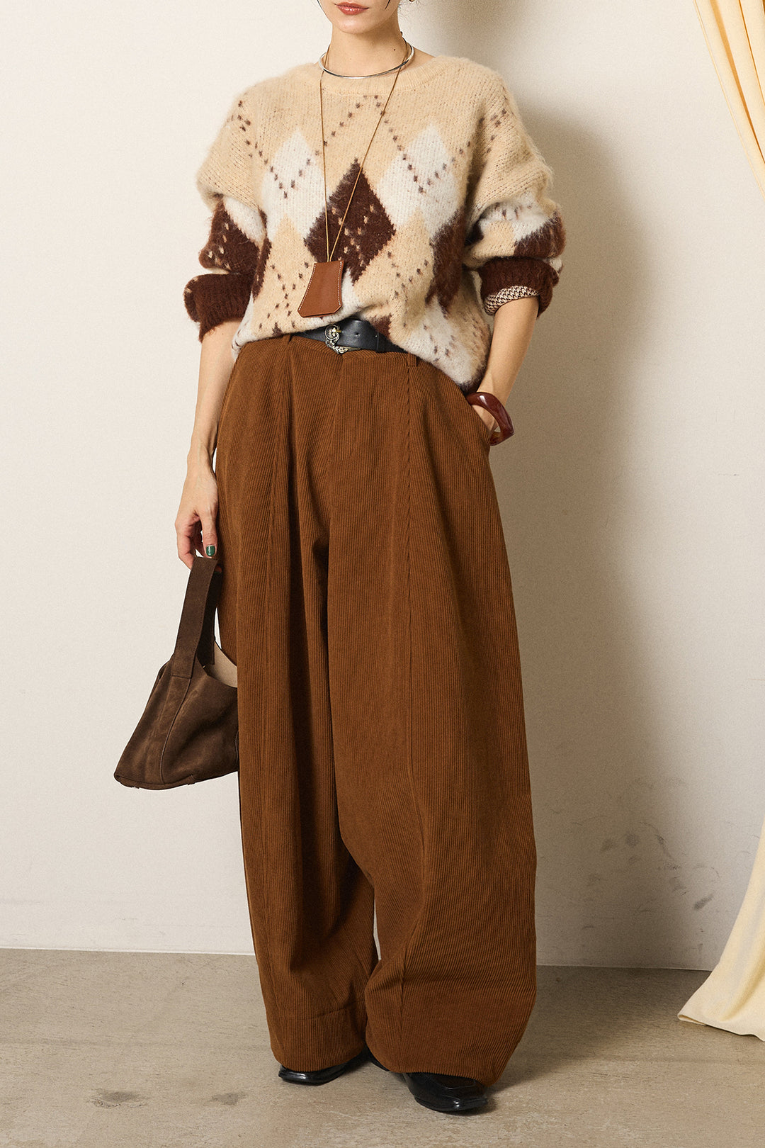 [SET]配色アーガイル柄ニットトップス+ベルト付きコーデュロイワイドパンツ(2set)