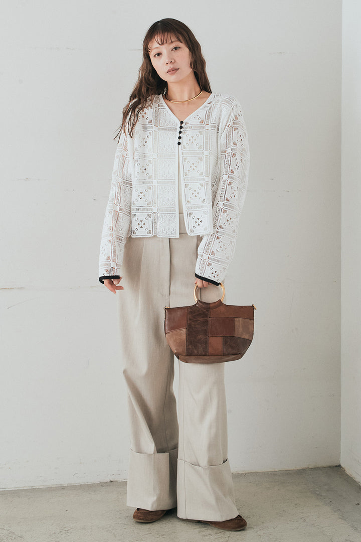 [SET]クロシェレースカーディガン+センタープレスセミワイドパンツ(2set)