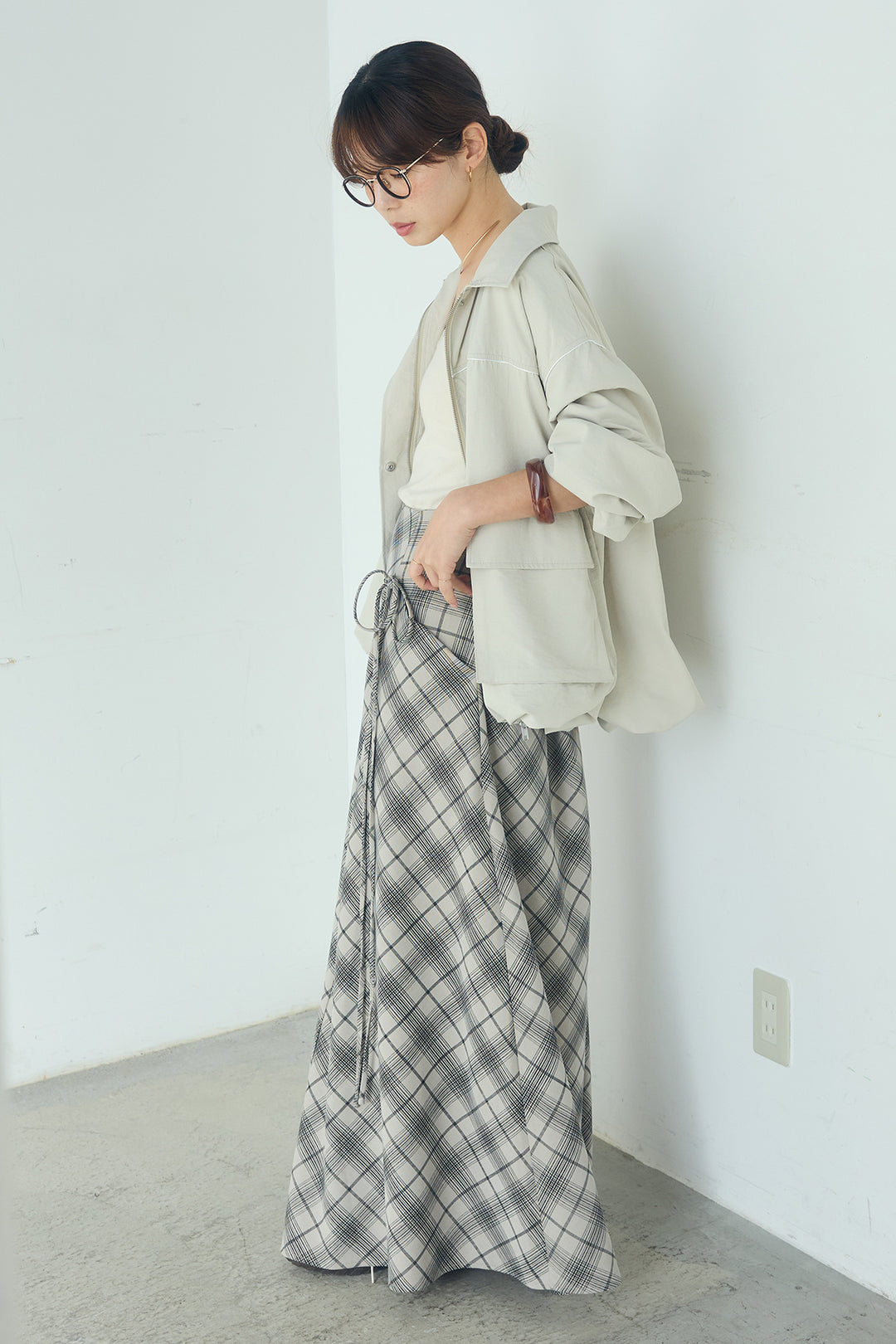 [SET]合繊ツイルバルーンジャケット+タータンチェック柄フロントデザインスカート(2set)