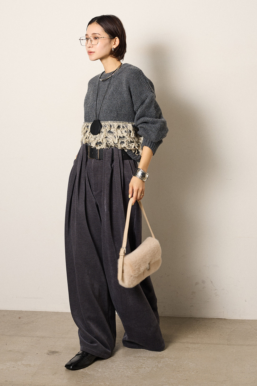 [SET]ループ編み切り替えニットプルオーバー+ベルトループコーデュロイワイドパンツ(2set)