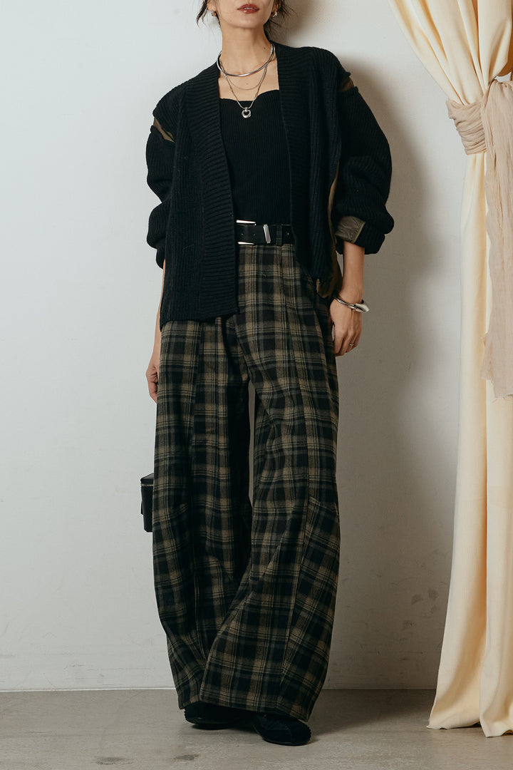 [SET]キルティング切り替えニットカーディガン+ベルト付きタータンチェックカーブワイドパンツ(2set)