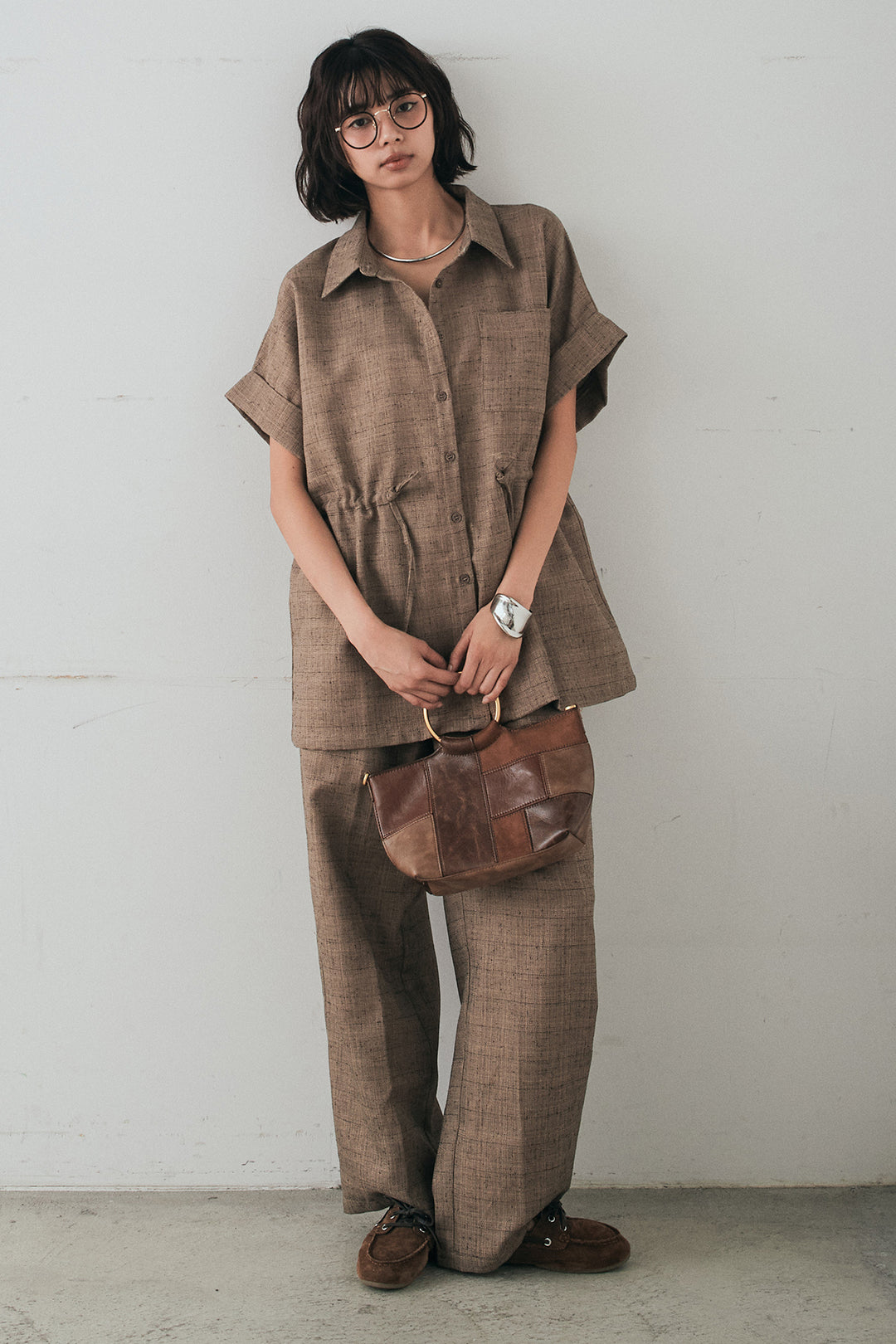 [SET]ツイードウエストドロストシャツ+ツイードタックパンツ(2set)