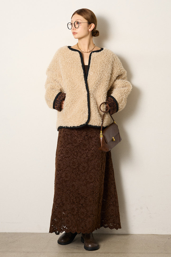 [SET]ノーカラー裏地レオパードボアアウター+花柄刺繍ベロアフレアスカート(2set)