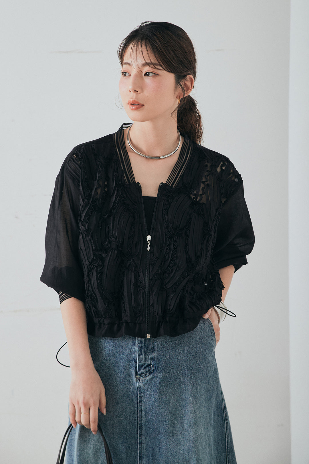 [SET]モチーフ付きシアーブルゾン+デニムロングフレアスカート(2set)