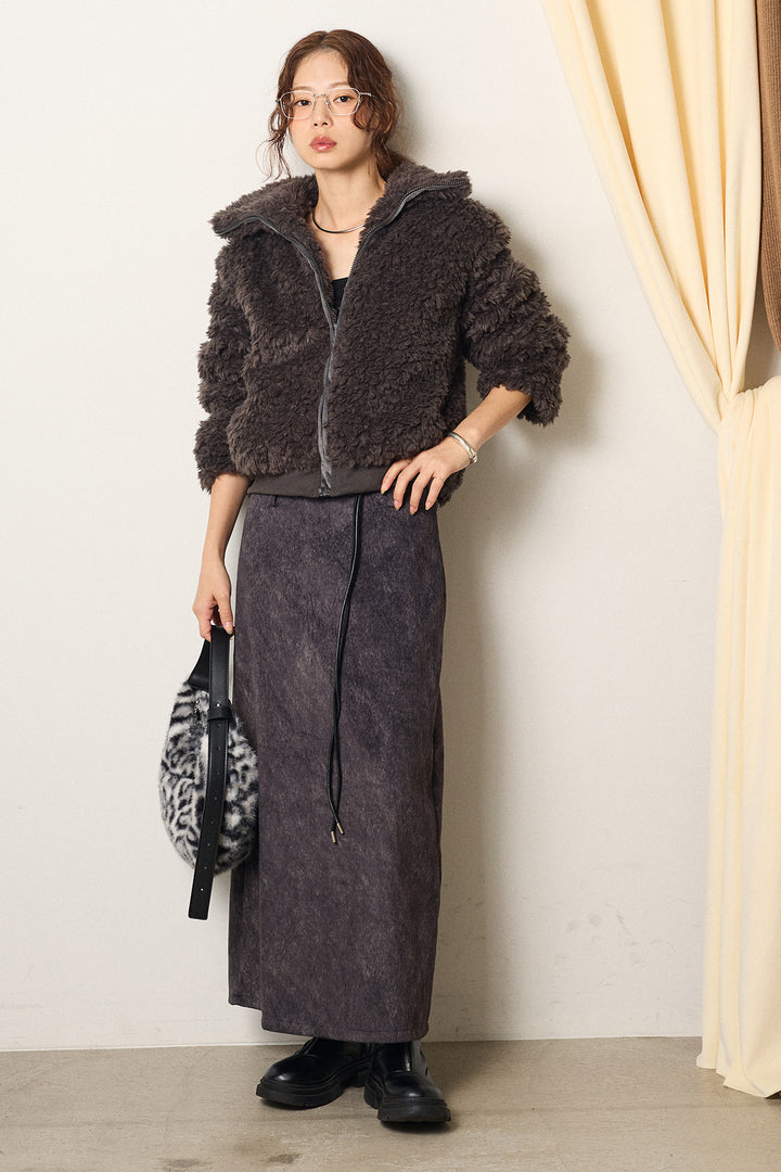 [SET]スタンドカラー裾リブボアブルゾン+ロープベルト付きスウェード調スカート(2set)