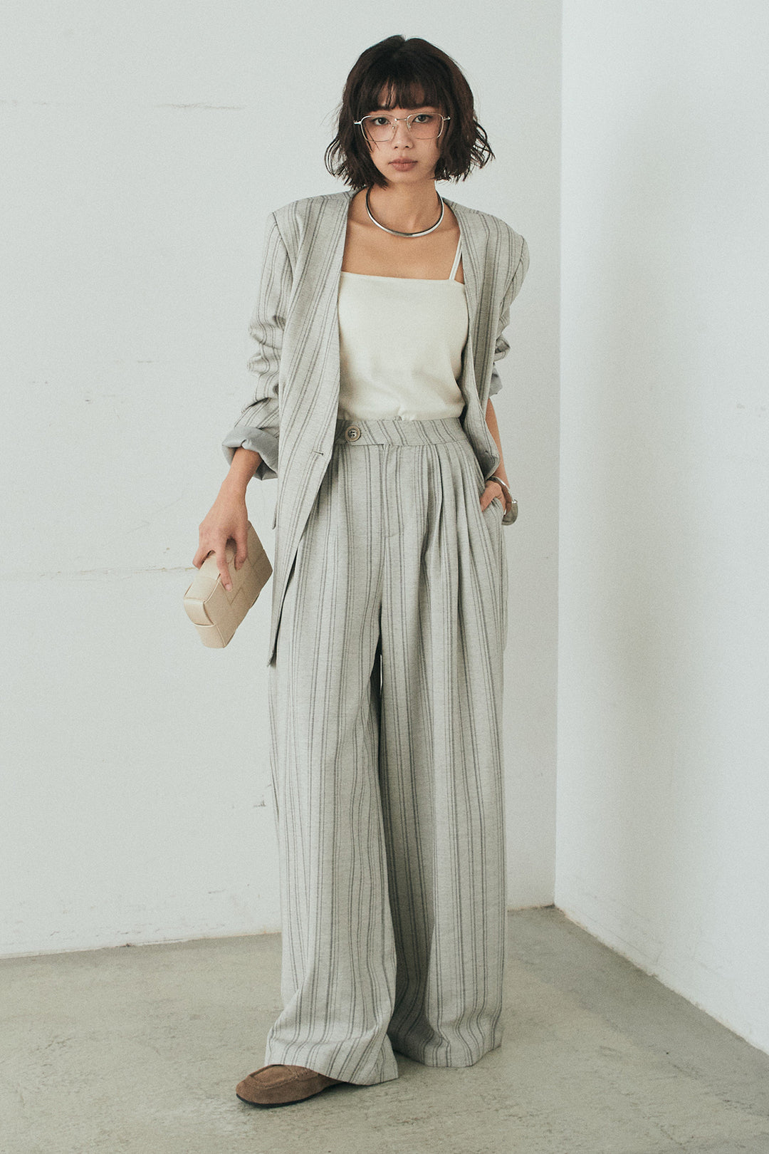 [SET]ノーカラーピンストライプジャケット+ピンストライプワイドスラックス(2set)