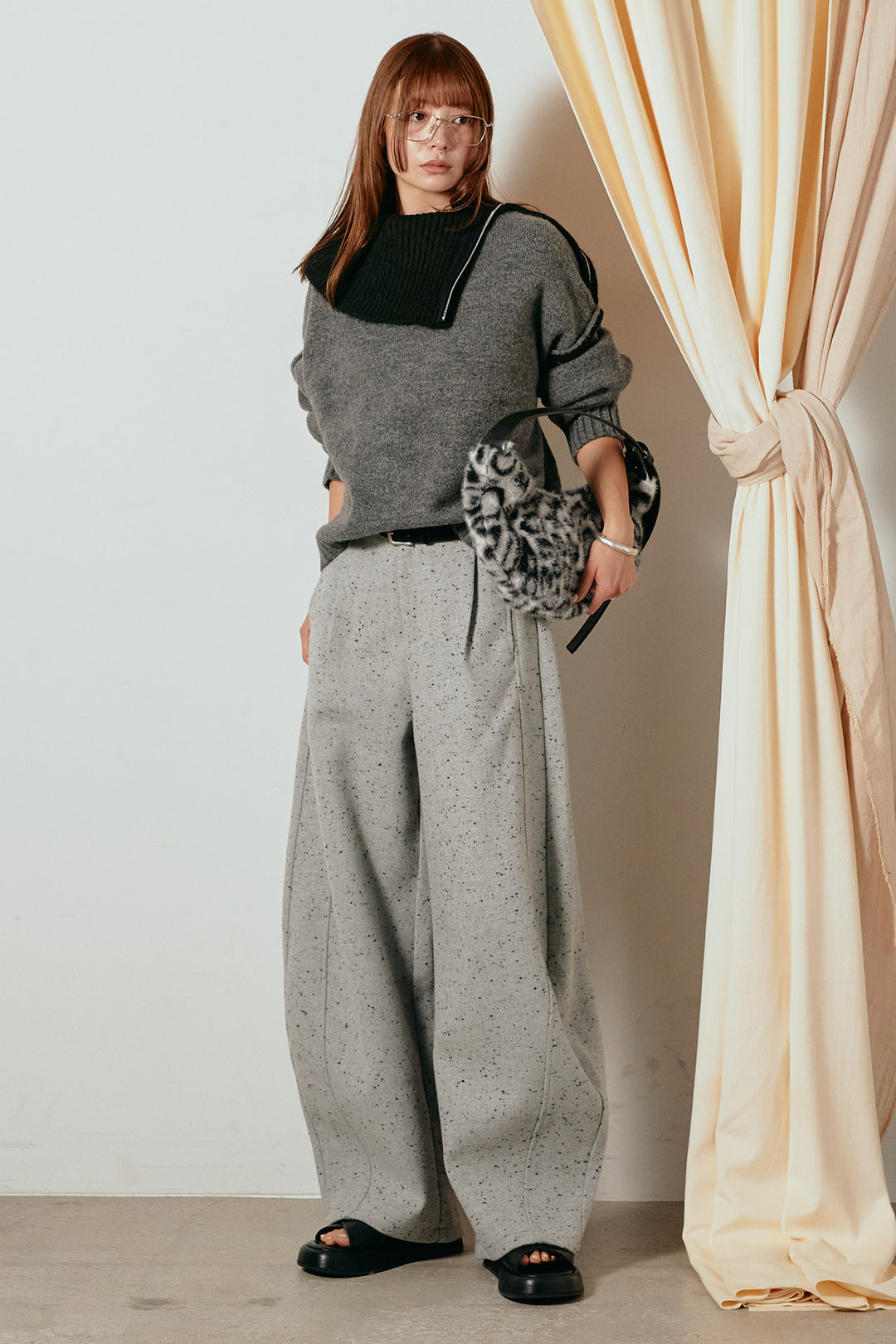 [SET]ハイネックジップデザインニットトップス+ベルト付きネップツイードカーブパンツ(2set)