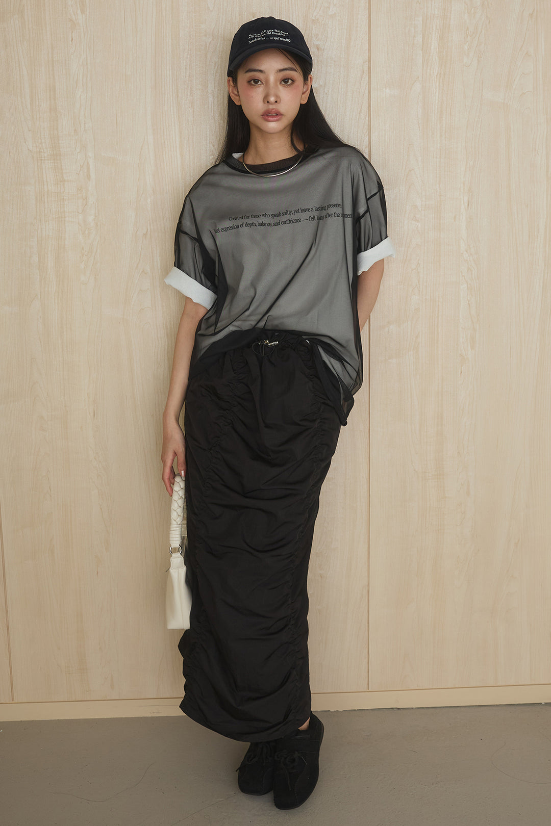 [SET]綿天竺Tシャツ×チュールトップス+ギャザーナロースカート(2set)