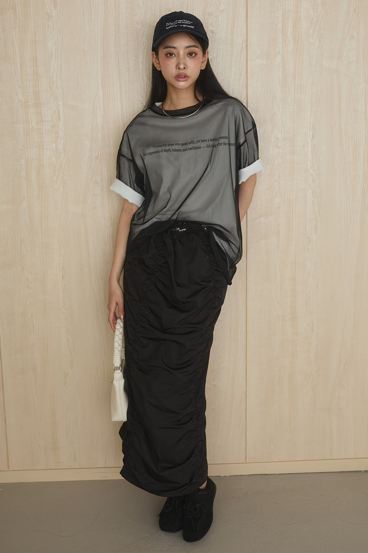[SET]綿天竺Tシャツ×チュールトップス+ギャザーナロースカート(2set)