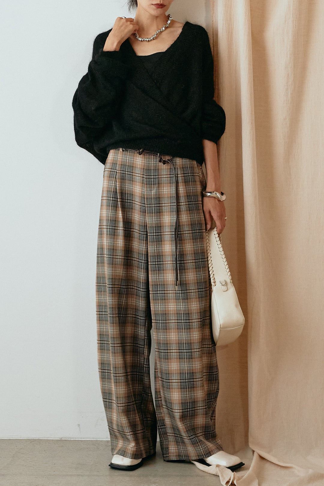 [SET]カシュクールデザインニット+編みベルト付きタータンチェックワイドパンツ(2set)