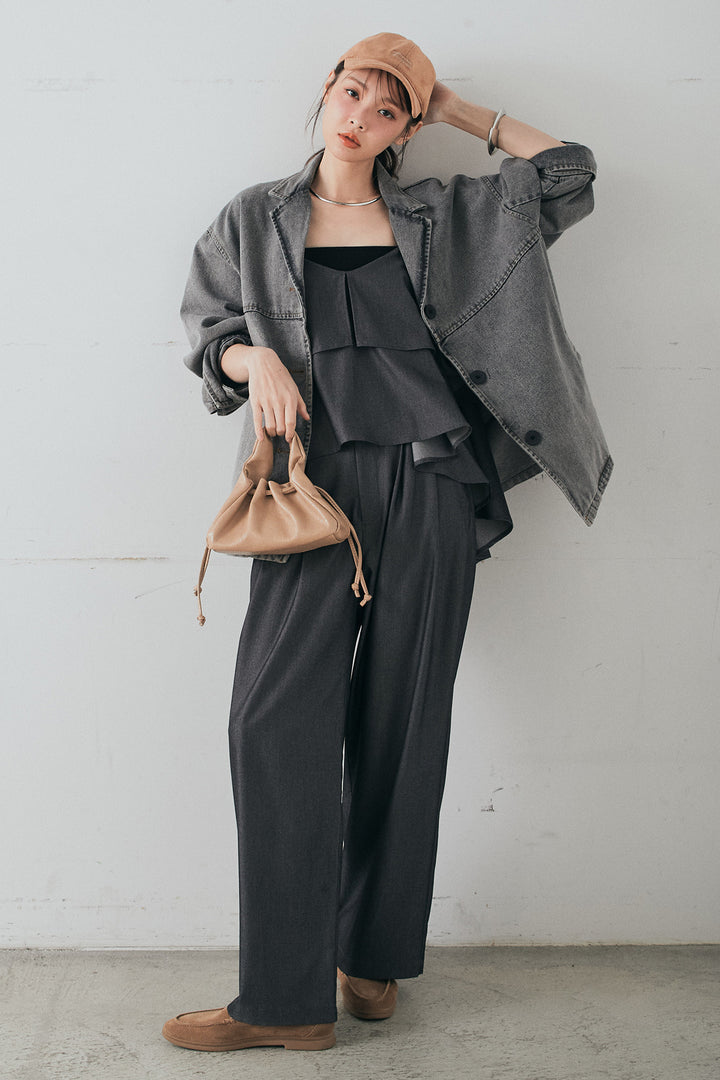 [SET]オーバーデニムジャケット+デニムライクツイルタックパンツ+デニムライクツイルティアードキャミソール(3set)