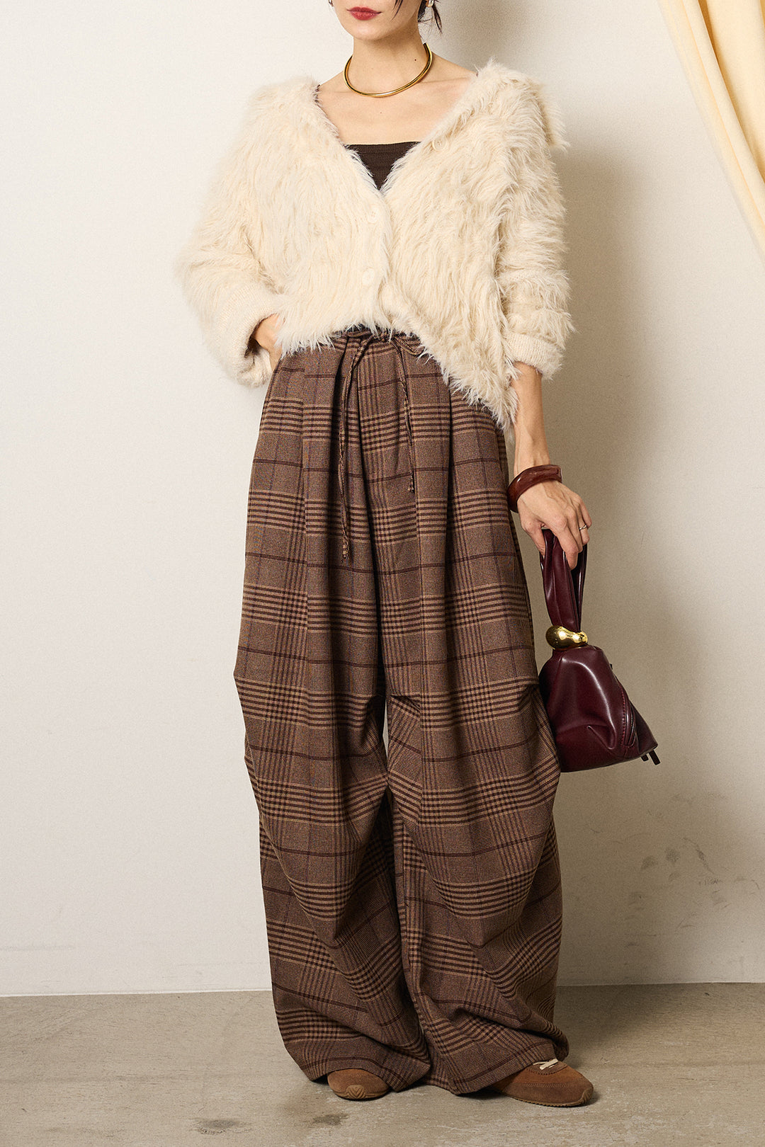 [SET]襟付きシャギーニットカーディガン+グレンチェックルーズタックパンツ(2set)