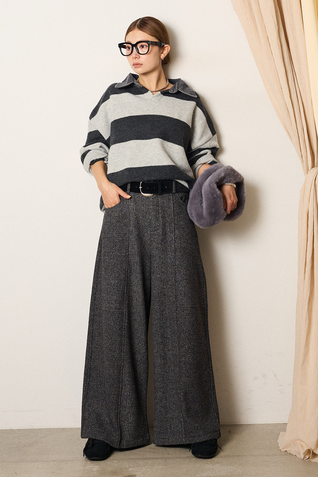 [SET]デニムカラーボーダールーズニット+太ベルト付きツイードワイドパンツ(2set)