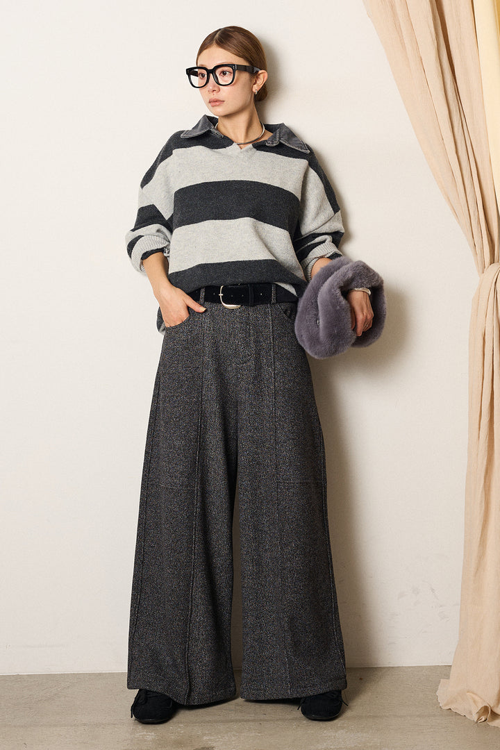 [SET]デニムカラーボーダールーズニット+太ベルト付きツイードワイドパンツ(2set)